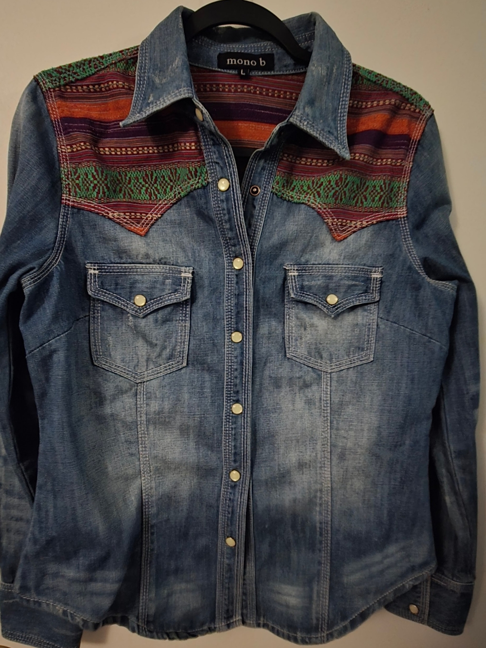 Mono B Blue Denim Shirt Jacket with Multicolor Embroidered Yoke